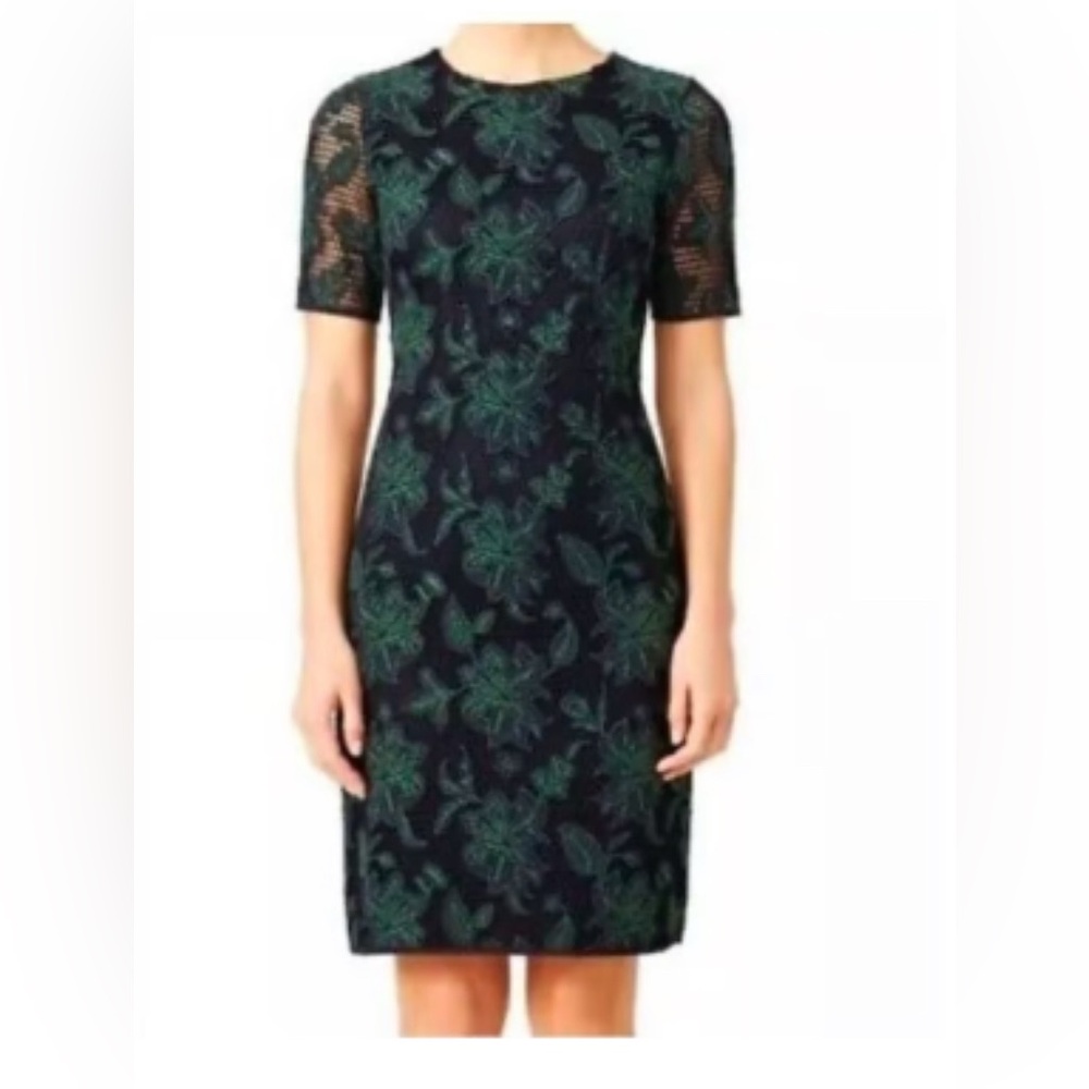 Tory Burch Navy and Green Mesh Fishnet Lace Wisteria Dress Size 4. 
Excellent